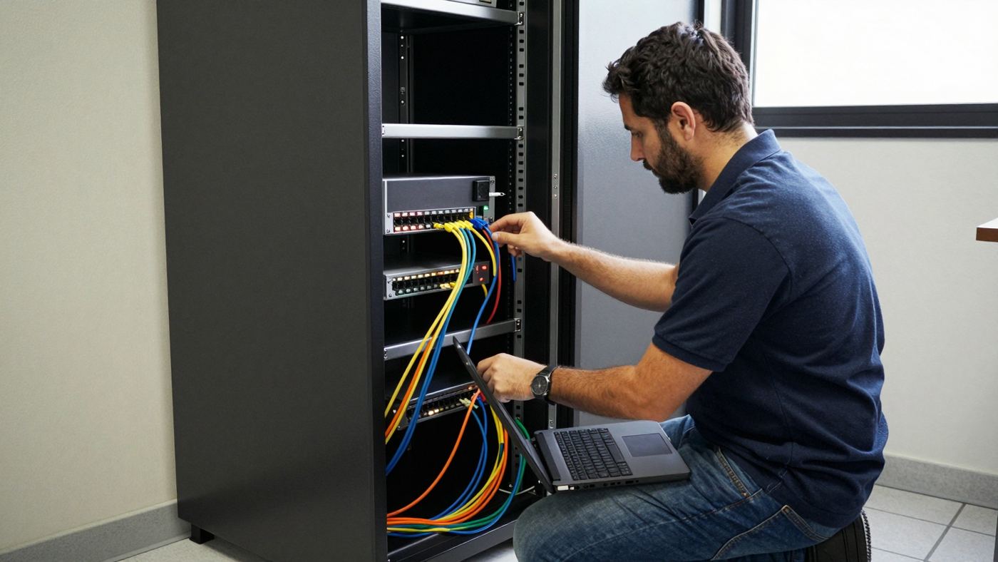 Técnico revisando el armario de red de una oficina