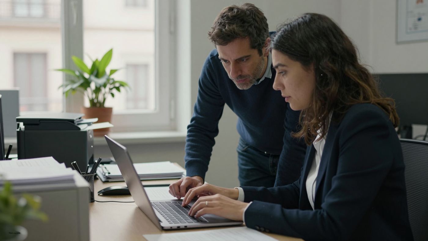 Técnico de Integra-e ayudando a una clienta en su oficina