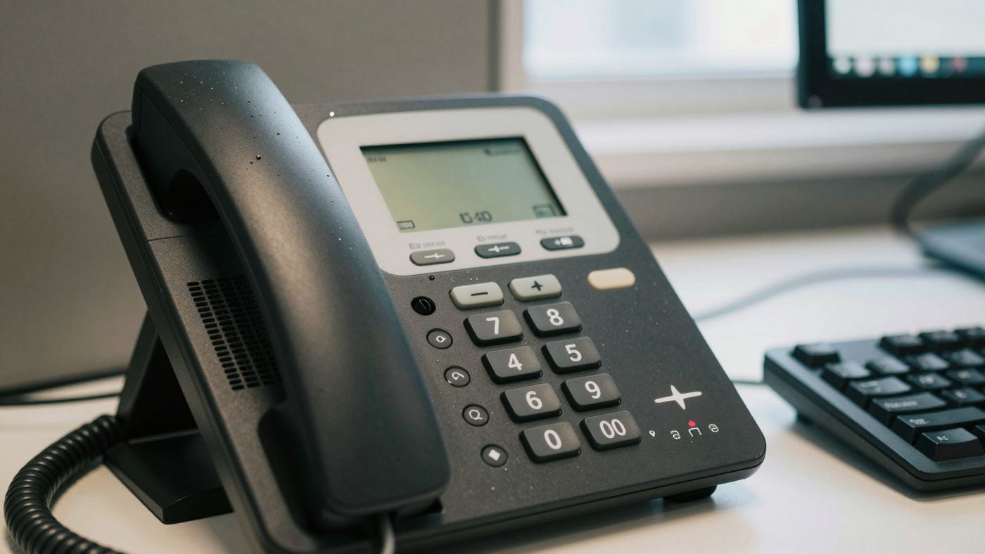 Teléfono IP en la mesa de una oficina