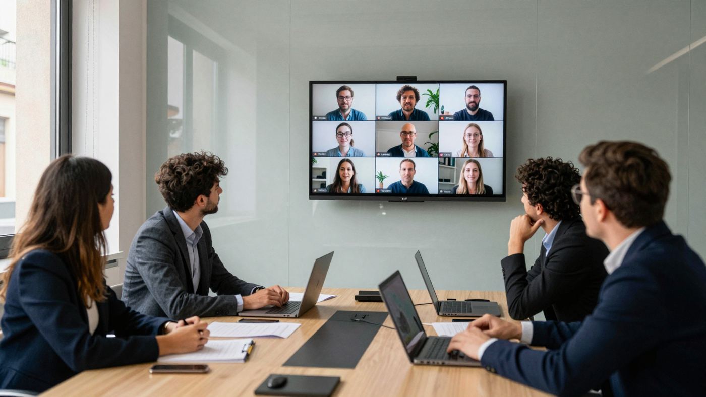 Reunión por videollamada en una oficina